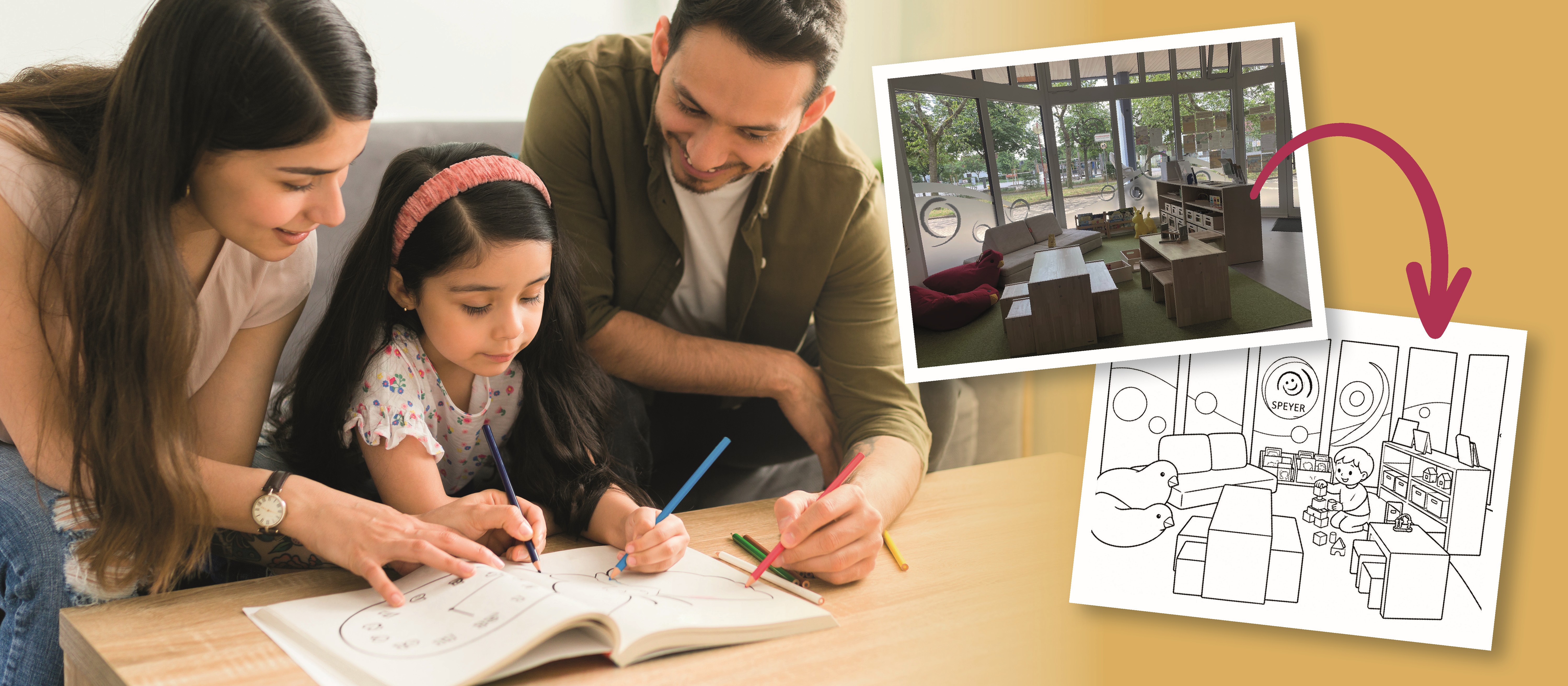 Malende Familie und Demonstration eines Beispielfotos, welches zu einem Beispielausmalbild für das Malbuch wird.